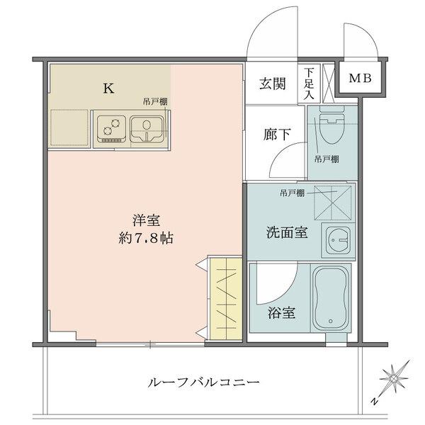 北西向きルーフバルコニーが設けられた最上階住戸、通風良好です。洋室・玄関などに収納が備わっています。