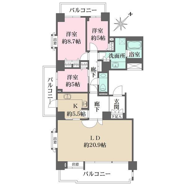 LDは広々約20.9帖。3面バルコニー付き×全居室バルコニーサイド設計で、陽当り・通風・眺望良好。