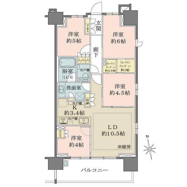 明るい南東角住戸。LDと洋室2室は一体利用で合計約19帖。2箇所のウォークインクローゼット付きです。