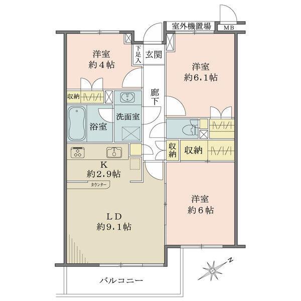 南東向きにつき、陽当り良好。キッチンは、壁付けタイプでカウンター付きです。各洋室、廊下などに収納有。