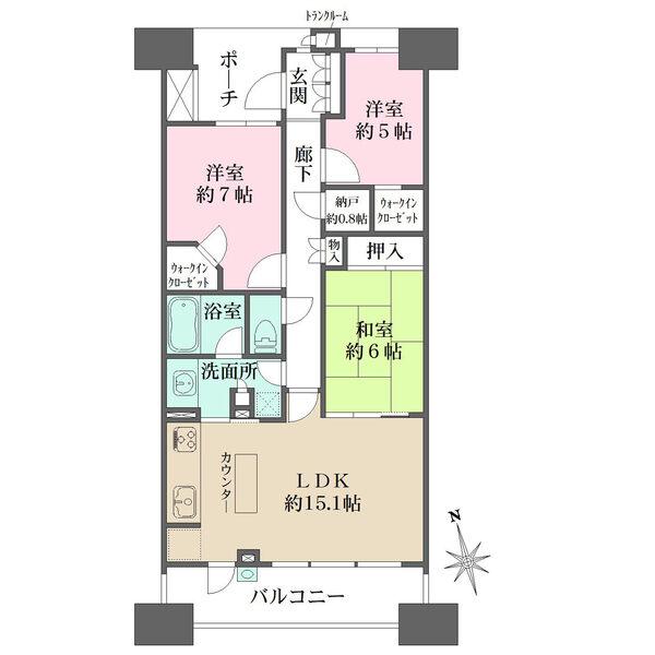 アイランドカウンターつきキッチン/LDKにはワイドサッシを採用/1418タイプユニットバス