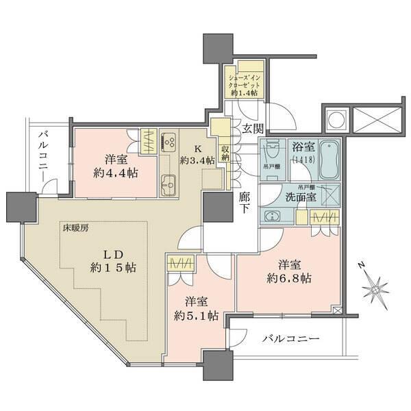 シューズインクローゼット:1.4帖/浴室:14×18サイズ/収納力の高い間取りです