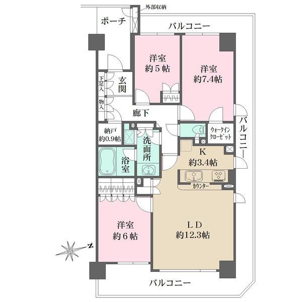 北・東の角部屋×3面バルコニー付きのため、陽当り・通風良好。LDKはゆったり約15.7帖の快適空間。