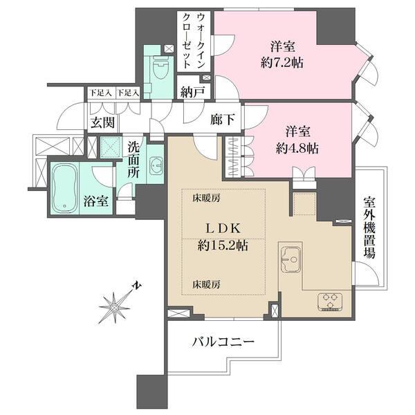 陽当り・通風・眺望良好な、南東向き角住戸。ウォークインクローゼットや納戸など収納豊富。2面床暖房有。