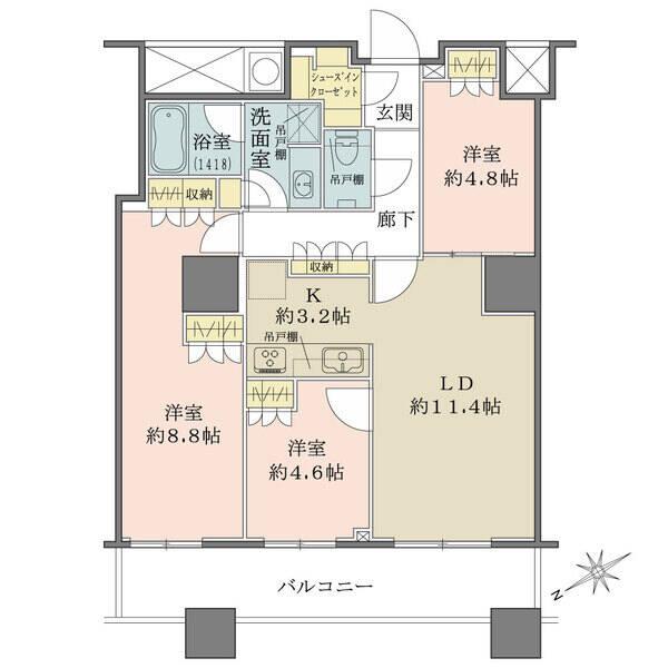 3部屋がバルコニーに面する、8m超のワイドスパン設計。シューズインクローゼットなど収納豊富です。