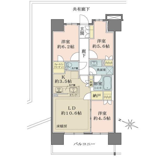 納戸(約0.6帖)・WIC(約0.9帖)・その他物入等、収納豊富な3LDKの間取り
