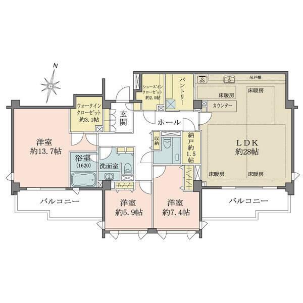 ゆとりの広さと豊富な収納スペースが確保された広々住戸。LDKは約28帖。全居室南向き&2面採光設計。