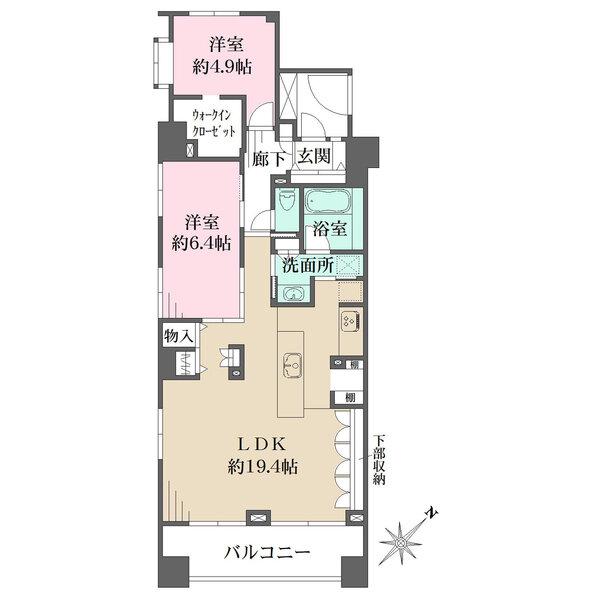 約19.4帖のLDKには複数個所収納有り。洗面所、洋室約6.4帖は動線良好な2WAYアクセスです。