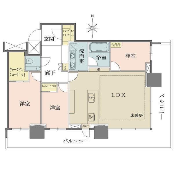 各部屋バルコニーに面した3LDK南東角住戸。バルコニーからはレインボーブリッジを望む。(天候による)