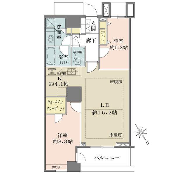 LDKは合わせて約19.3帖。約8.3帖の主寝室にはWIC有。また約5.2帖の洋室にも収納有。
