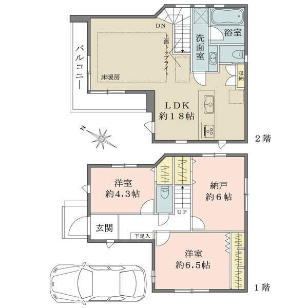 2階リビングは勾配天井とトップライトによる開放感のある空間です。対面キッチンプラン、納戸約6.0帖