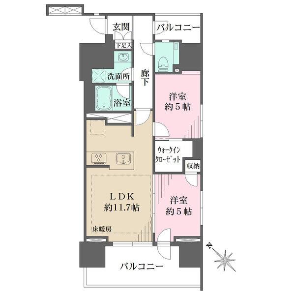 2面バルコニー付き、陽当り・通風・眺望良好な角住戸。トイレにも窓有。ウォークインクローゼット付き。