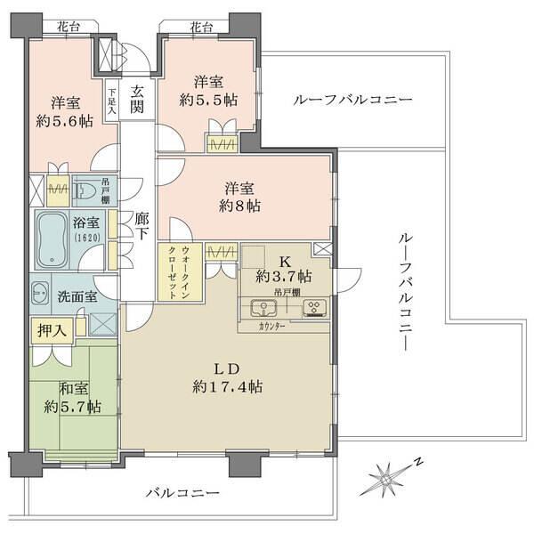 5階部分の南東・北東角住戸です。LDは約17.4帖(ウォークインクローゼットの面積を含む)。