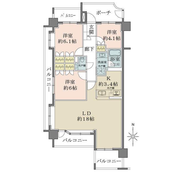カウンターキッチン、洋室3部屋には収納有、玄関ポーチ有