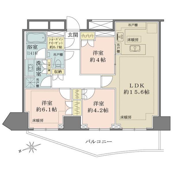 約9.69mのワイドスパン設計につき、陽当り・通風良好。LDK、約6.1帖の洋室に床暖房付きです。