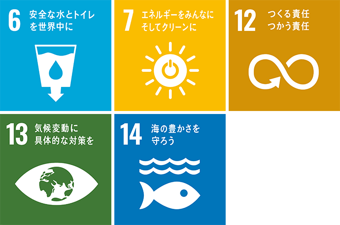 6 安全な水とトイレを世界中に 7 エネルギーをみんなにそしてクリーンに 12 つくる責任つかう責任 13 気候変動に具体的な対策を 15 海の豊かさを守ろう