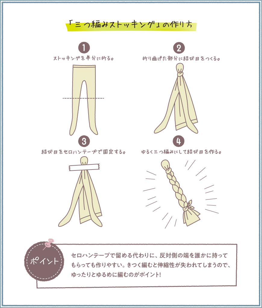 「三つ編みストッキング」の作り方 1.ストッキングを半分に折る。2.折り曲げた部分に結び目をつくる。3.結び目をセロハンテープで固定する。4.ゆるく三つ編みにして結び目を作る。ポイント セロハンテープで留める代わりに、反対側の端を誰かに持ってもらっても作りやすい。きつく編むと伸縮性が失われてしまうので、ゆったりとゆるめに編むのがポイント！