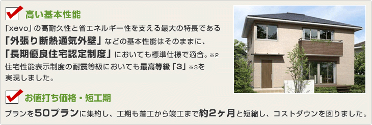 高い基本性能「xevo」の高耐久性と省エネルギー性を支える最大の特長である「外張り断熱通気外壁」などの基本性能はそのままに、「長期優良住宅認定制度」においても標準仕様で適合。住宅性能表示制度の耐震等級においても最高等級「3」を実現しました。お値打ち価格・短工期 プランを50プランに集約し、工期も着工から竣工まで約2ヶ月と短縮し、コストダウンを図りました。