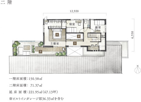 二階 一階床面積:150.58m2 二階床面積:71.37m2 延床面積:221.95m2(67.13坪)※ビルトインガレージ部36.33m2を含む