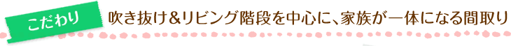 こだわり　吹き抜け&リビング階段を中心に、家族が一体になる間取り