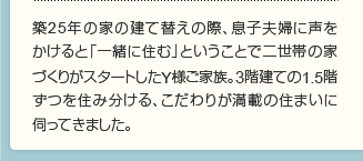築25年の家の建て替えの際、息子夫婦に声をかけると「一緒に住む」ということで二世帯の家づくりがスタートしたY様ご家族。3階建ての1.5階ずつを住み分ける、こだわりが満載の住まいに伺ってきました。