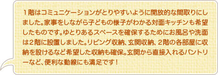1階はコミュニケーションがとりやすいように開放的な間取りにしました。家事をしながら子どもの様子がわかる対面キッチンも希望したものです。ゆとりあるスペースを確保するためにお風呂や洗面は2階に設置しました。リビング収納、玄関収納、2階の各部屋に収納を設けるなど希望した収納も確保。玄関から直接入れるパントリーなど、便利な動線にも満足です！