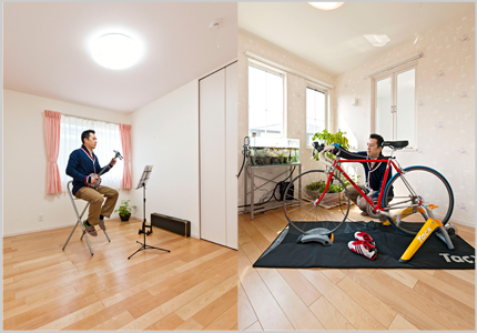 自転車やギター、スイレンの栽培など多彩な趣味を持つOさま。２階には趣味用の部屋を確保し、休日には最近凝っている沖縄の三線（さんしん）を弾いたり、自転車の手入れをしたりと充実の時間を過ごしています。