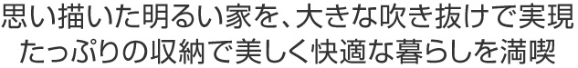 思い描いた明るい家を、大きな吹き抜けで実現
たっぷりの収納で美しく快適な暮らしを満喫