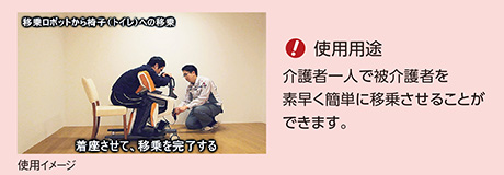 使用用途／介護者一人で被介護者を素早く簡単に移乗させることができます。