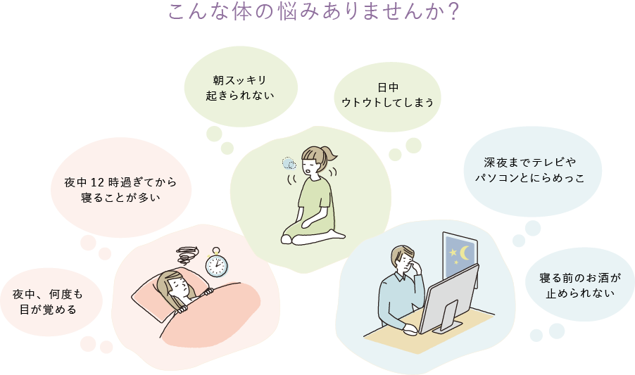 こんな体の悩みありませんか？ 夜中、何度も目が覚める 夜中12時過ぎてから寝ることが多い 朝スッキリ起きられない 日中ウトウトしてしまう 深夜までテレビやパソコンとにらめっこ 寝る前のお酒が止められない