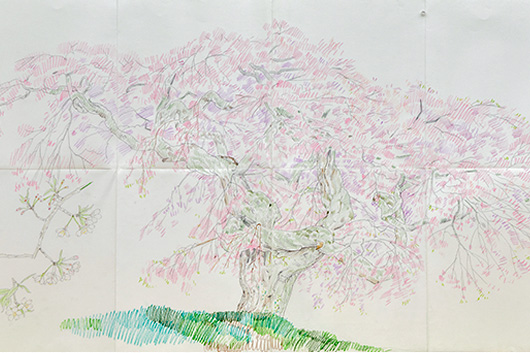 桜の老木を描いたスケッチ。屋外で描いた画をつないで1枚にしている。