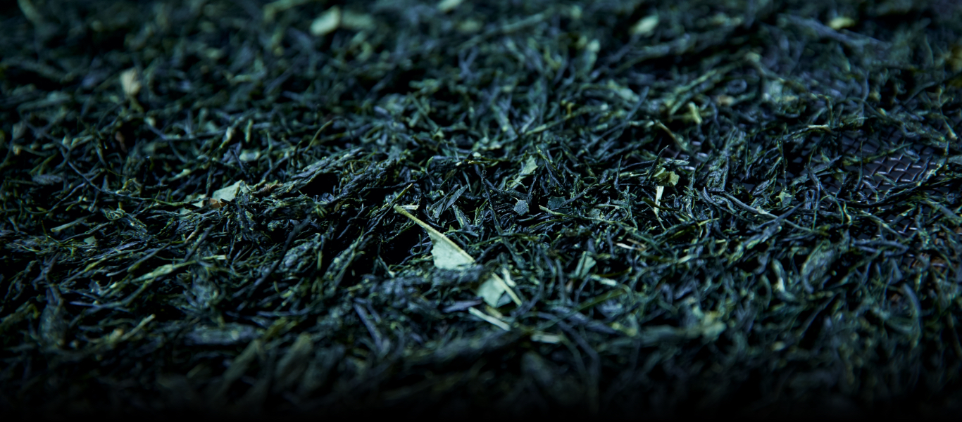 祥玉園の仕上げ工場に運び込まれた玉露の荒茶。この段階では茎が混ざっていたり、葉の大きさにバラつきがあったりする。