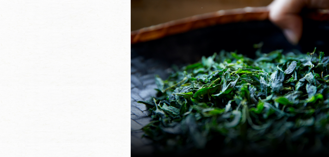 抹茶の材料となる「碾茶」。手で摘んだ茶葉を蒸した後、揉む作業をしないで乾燥させた葉から、茎などを取り除き、石臼で挽きやすい形に整えてある。　　