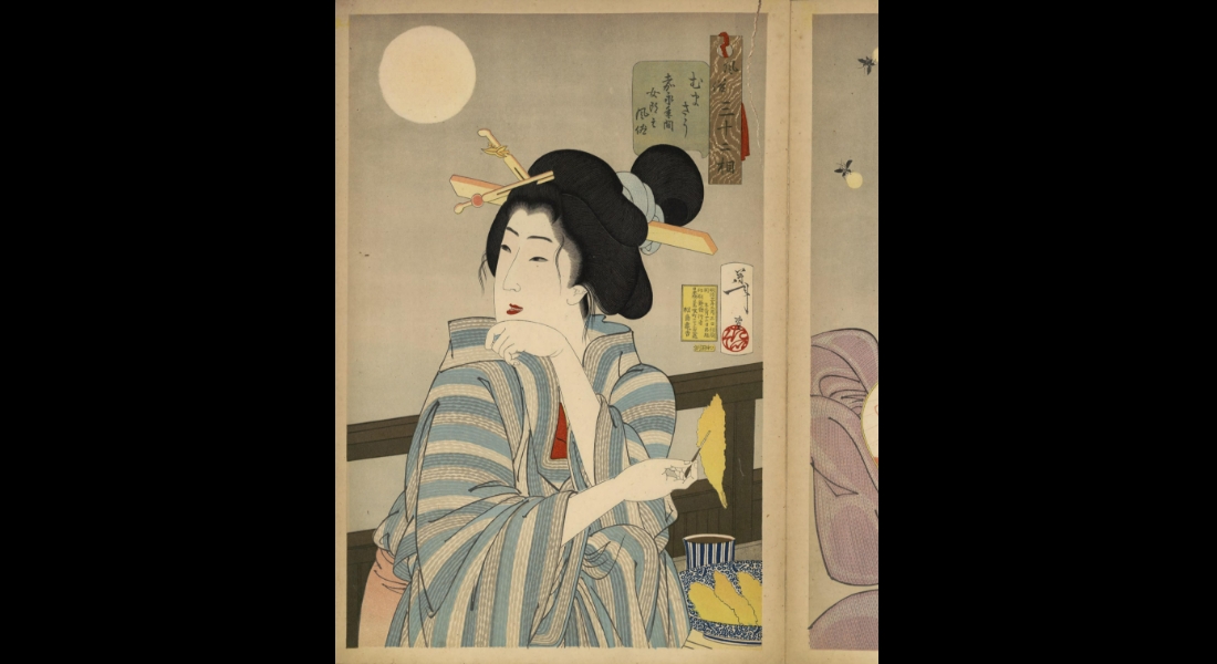 月岡芳年画『婦人風俗三十二相』（国立国会図書館デジタルコレクション ）
              幕末の嘉永年間の風俗として描かれた美人画。女は魚の天ぷらの串を手に持ち、皿の隣には天つゆの入ったそばちょこが。