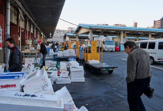 毎朝6時に足立市場に。足立市場は東京都中央卸売市場の一つで、水産物を専門とする。江戸時代前から千住宿にあった「やっちゃ場」以来の歴史を持つ。