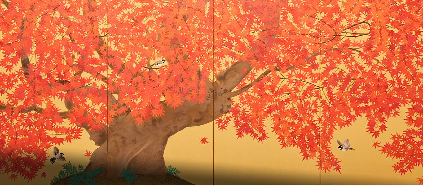 中島千波「秋季紅葉図」（部分）2010年葉の一枚一枚をおろそかにせず、丹念に描く。その一枚ごとの美しさの総量が、作品の迫力となる。