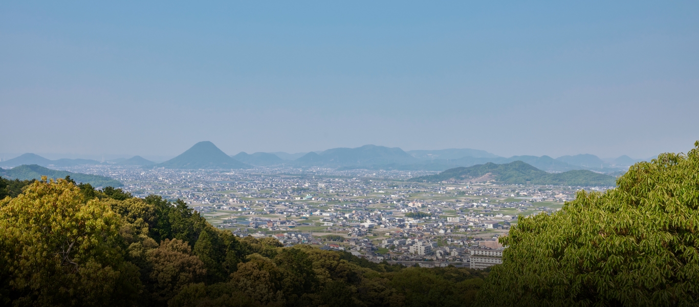 金刀比羅宮の本宮は海抜251ｍの場所にあり、讃岐平野を一望できる。
            写真のほぼ中央、ぽっこりと突き出た山は讃岐富士（飯野山）。