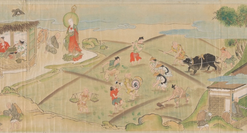 「大山寺縁起絵巻［抄写］」東京大学史料編纂所所蔵模写
                田植の芸能を伝える史料の一例。すりささら、鼓、腰鼓、笛で田植を囃している。鼓は現在のものとは形が違い、高く掲げている。