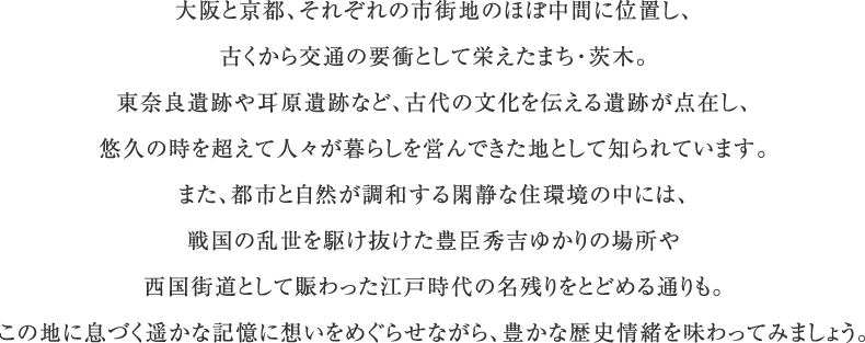 大阪と京都、それぞれの市街地のほぼ中間に位置し、古くから交通の要衝として栄えたまち・茨木。東奈良遺跡や耳原遺跡など、古代の文化を伝える遺跡が点在し、悠久の時を超えて人々が暮らしを営んできた地として知られています。また、都市と自然が調和する閑静な住環境の中には、戦国の乱世を駆け抜けた豊臣秀吉ゆかりの場所や西国街道として賑わった江戸時代の名残りをとどめる通りも。この地に息づく遥かな記憶に想いをめぐらせながら、豊かな歴史情緒を味わってみましょう。