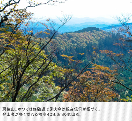 房住山。かつては修験道で栄え今は観音信仰が根づく。登山者が多く訪れる標高409.2mの低山だ。