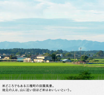 米どころでもある三種町の田園風景。地元の人は、山に近い田ほど米はおいしいという。