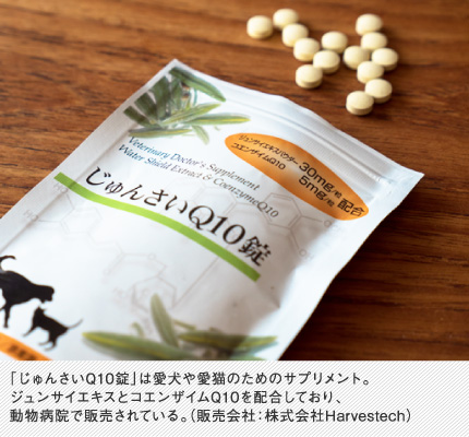 「じゅんさいQ10錠」は愛犬や愛猫のためのサプリメント。ジュンサイエキスとコエンザイムQ10を配合しており、動物病院で販売されている。（販売会社：株式会社Harvestech）