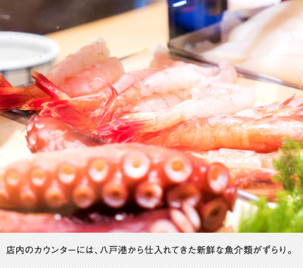 店内のカウンターには、八戸港から仕入れてきた新鮮な魚介類がずらり。