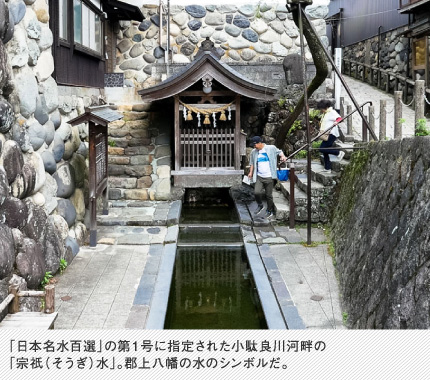 「日本名水百選」の第1号に指定された小駄良川河畔の「宗祇（そうぎ）水」。郡上八幡の水のシンボルだ。