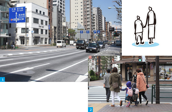 1:日本橋浜町３丁目界隈　2:浜町中ノ橋交差点