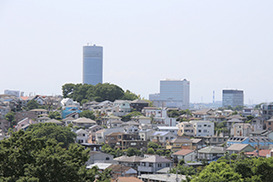高台から開けたのどかな空の向こうには、新横浜を望む。天気が良いと、富士山やみなとみらいまで見えることも。