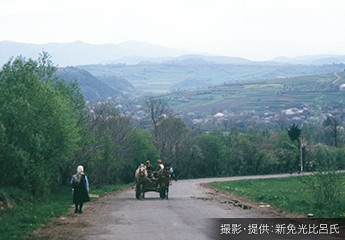 丘から見た春の村