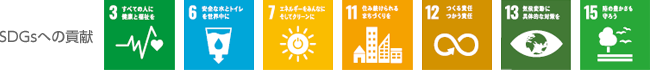 SDGsへの貢献 3:すべての人に健康と福祉を 6:安全な水とトイレを世界中に 7:エネルギーをみんなにそしてクリーンに 11:住み続けられるまちづくりを 12:つくる責任つかう責任 13:気候変動に具体的な対策を 15:陸の豊かさも守ろう