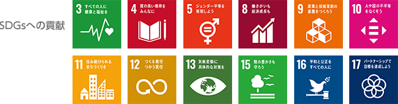 SDGsへの貢献　3：すべての人に健康と福祉を　4：質の高い教育をみんなに　5：ジェンダー平等を実現しよう　8：働きがいも経済成長も　9：産業と技術革新の基盤をつくろう　10：人や国の不平等をなくそう　11：住み続けられるまちづくりを　12：つくる責任つかう責任　13：気候変動に具体的な対策を　15：陸の豊かさも守ろう　16：平和と公正をすべての人に　17：パートナーシップで目標を達成しよう