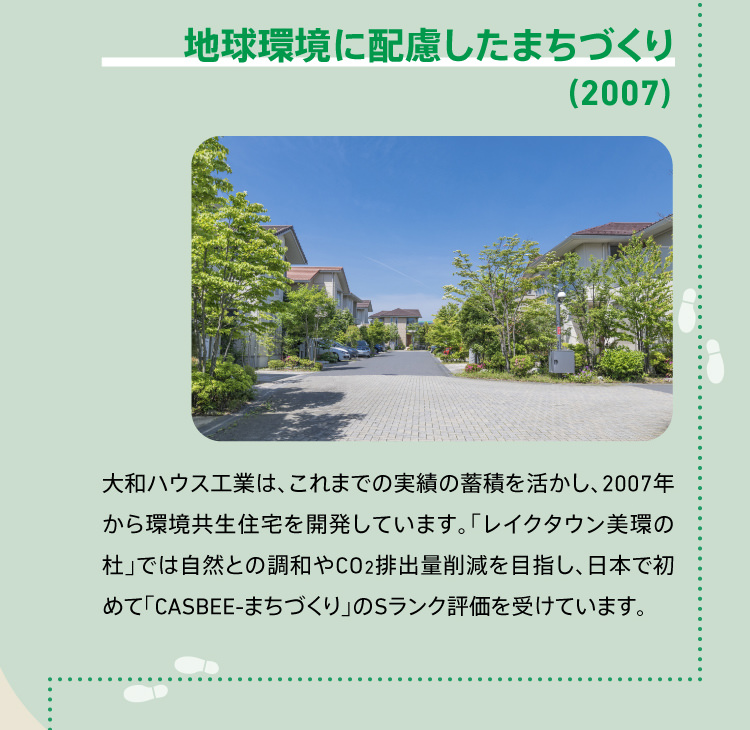 地球環境に配慮したまちづくり（2007） 大和ハウス工業は、これまでの実績の蓄積を活かし、2007年から環境共生住宅を開発しています。「レイクタウン美環の杜」では自然との調和やCO2排出量削減を目指し、日本で初めて「CASBEE-まちづくり」のSランク評価を受けています。